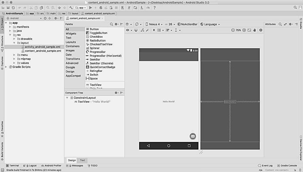 3 5 Modifikovanje primera aplikacije 3.5 Modifikovanje primera aplikacije 17 Sada je Android Studio kreirao minimalni primer projekta aplikacije i otvoren je glavni prozor.