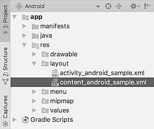 18 POGLAVLJE 3 Kreiranje primera Android aplikacije u Android Studiou Dizajn korisničkog interfejsa za aktivnost je uskladišten u fajlu activity_android_sample.