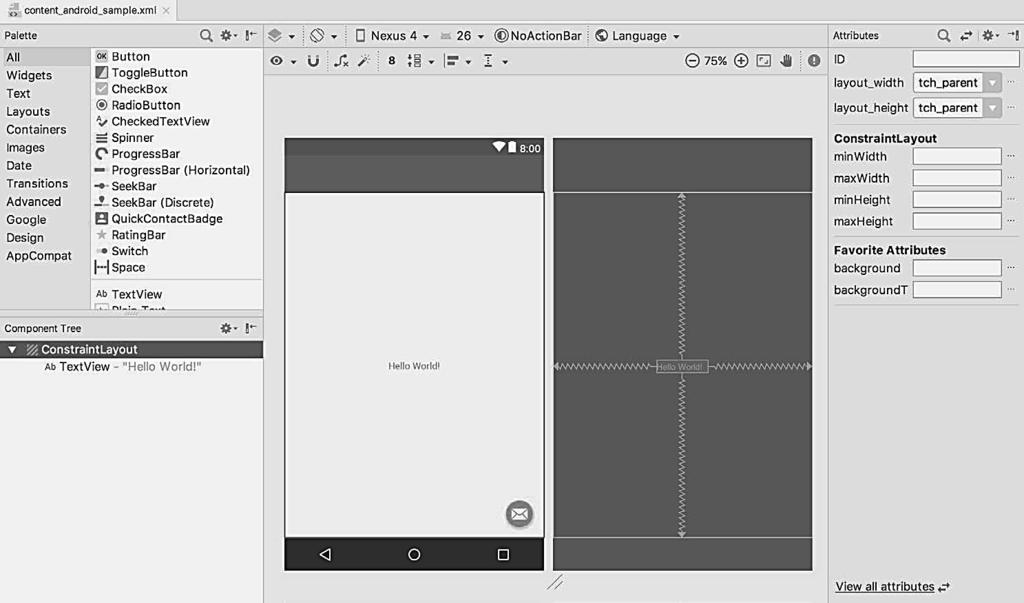 3.5 Modifikovanje primera aplikacije 19 Slika 3-9 U paleti sa alatkama na vrhu prozora Layout Editor nalazi se meni (podešen na Nexus 4 na gornjoj slici), koji je reflektovan u vizuelnoj