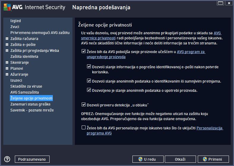U dijalogu su dostupne sledeće opcije za podešavanje: Želeo bih da pomognem kompaniji AVG da poboljša svoje proizvode učešćem u AVG programu za unapređenje proizvoda (podrazumevano uk ljučeno) Ako
