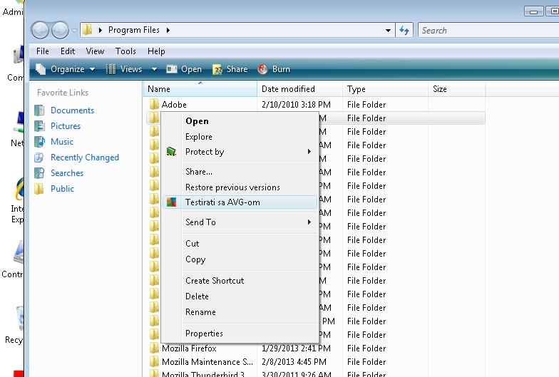 U programu Windows Explorer markirajte datoteku (ili fascik lu) koju želite da proverite Desnim tasterom miša kliknite na taj objekat da bi se otvorio kontekstualni meni Izaberite opciju Skeniraj