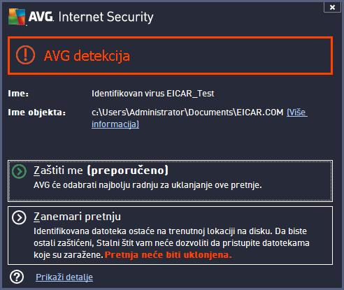 U okviru ovog dijaloga upozorenja pronaćićete informacije o objektu koji je otkriven i dodeljen kao zaražen Ime, a neke opisne činjenice o prepoznatoj zaraženosti (Opis).