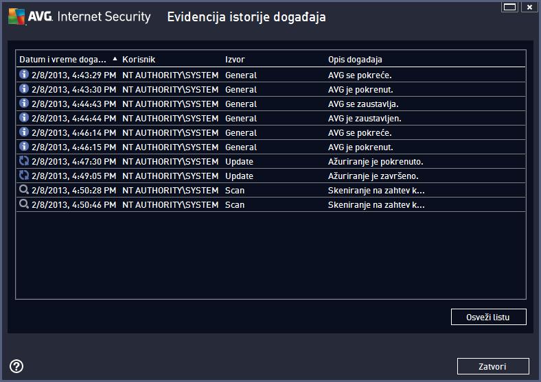 13.5. Evidencija istorije događaja Dijalogu Evidencija istorije događaja se može pristupiti preko stavke menija Opcije / Istorija / Evidencija istorije događaja u gornjem redu navigacije glavnog