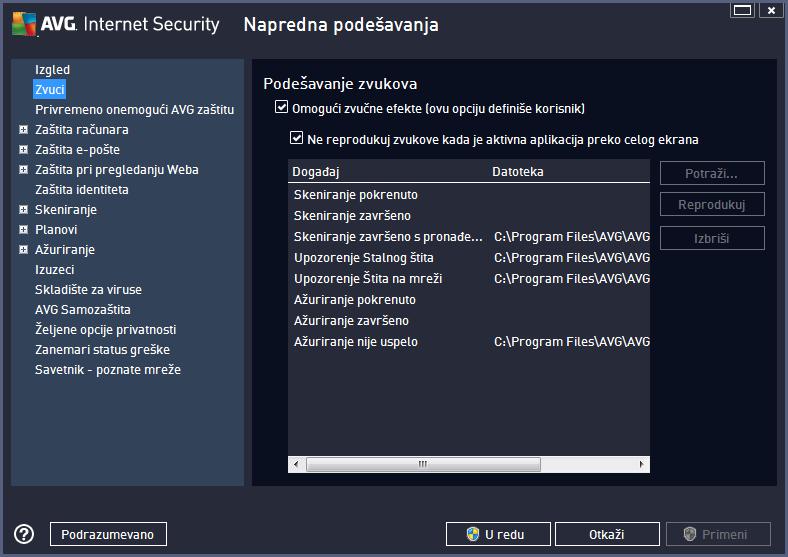 9.2. Zvuci U okviru dijaloga Zvuci možete navesti da li želite da primate informacije o određenim AVG Internet Security 2013 radnjama putem zvučnog obaveštenja: Podešavanja su važeća samo za trenutni