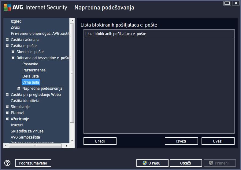 Kartica Crna lista služi za otvaranje dijaloga koji sadrži opštu listu blokiranih adresa e-pošte pošiljalaca i imena domena čije će poruke uvek biti označene kao neželjene.