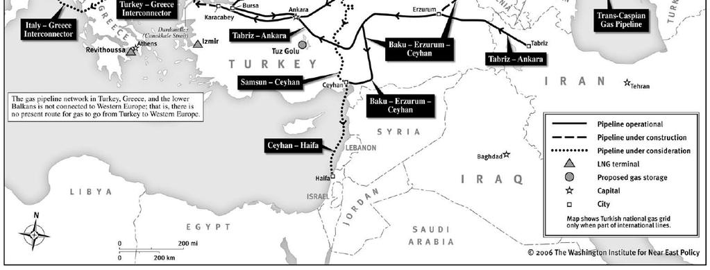Karta 1 Infrastruktura izvoza gasa u Tursku Izvor : Vašingtonski institut za politiku na Bliskom istoku (The Washington Institute for Near East Policy), 2006 Strategija ukrajinskog tranzita.