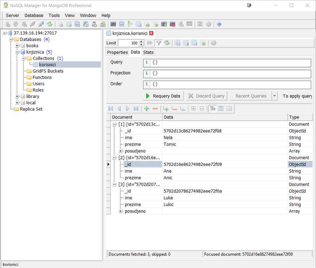 Slika 6.12Prikaz jednog grafičkog sučelja MongoDB baze 6.3. Cassandra baza podataka Apache Cassandra jest popularna implementacija stupčanog modela za bazu podataka.