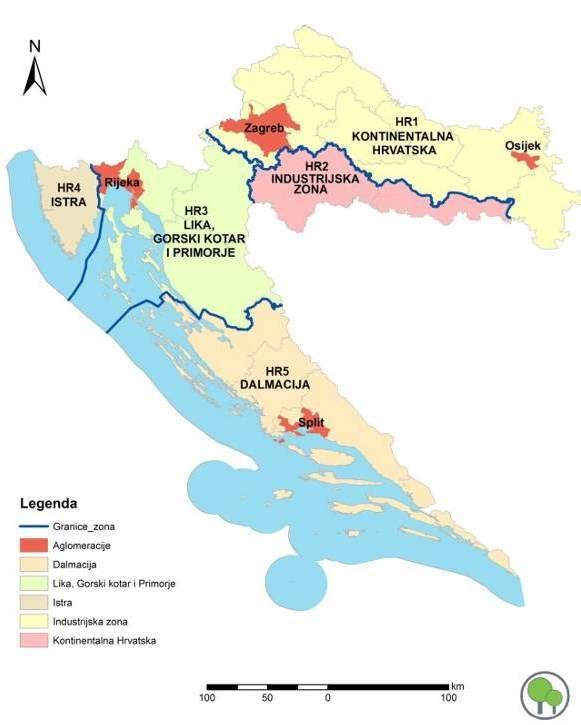 Grafički prikaz 3.12.: Prostorni prikaz podjele Republike Hrvatske na 5 područja/zona sa 4 izdvojene aglomeracije (označenih kružićima).