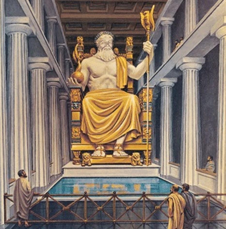 Зевс у Олимпији је био последње дело вајара Фидије, који је истом техником израдио и статуу Атене Партенос на Акропољу. Зевс је приказан са намрштеним челом, јер кад се намршти,,уздрхти цео Олимп.