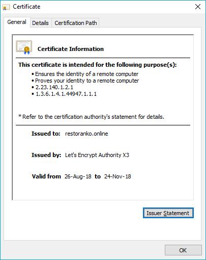 Slika 25. SSL certifikat aplikacije restoranko.