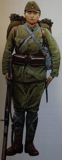 Vojnik Japanska mornarica: vojnik je odjeven u novu M98 uniformu i remenje, koje uključuje dvije vrećice sa streljivom na prednjoj strani i gas-masku na lijevom boku.