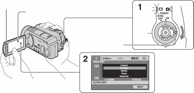 Korak 2: Uključenje te podešavanje datuma i vremena D (HOME) (str. 19) Dodirnite tipku na LCD zaslonu. Preklopka POWER Prilikom prve uporabe kamkordera pojavi se na LCD zaslonu izbornik [CLOCK SET].