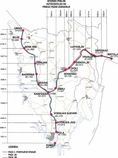 Tehničke karakteristike Faze 2A Faza 2A sastoji se od izgradnje dva dodatna prometna traka (širine 3,5 m) i zaustavnog traka (2,5 m), u dužini otprilike 95 km, između Umaga i Pule, odnosno Kanfanara