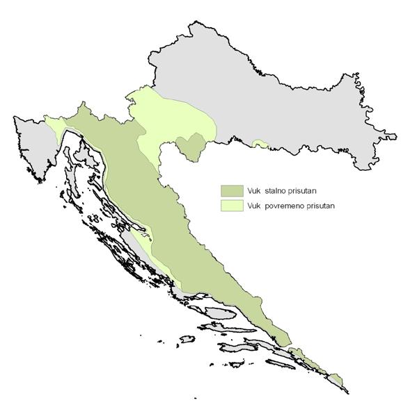 Slika 1. Rasprostranjenost populacije vuka u Hrvatskoj prema podatcima do 2009.