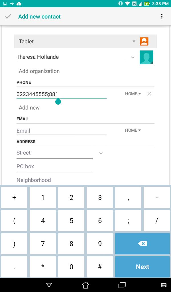 Dodavanje lokalnog broja broju kontakta Broju kontakta možete dodati pozivni broj. 1. Na zaslonu Dodavanje kontakta popunite sva potrebna polja. 2.