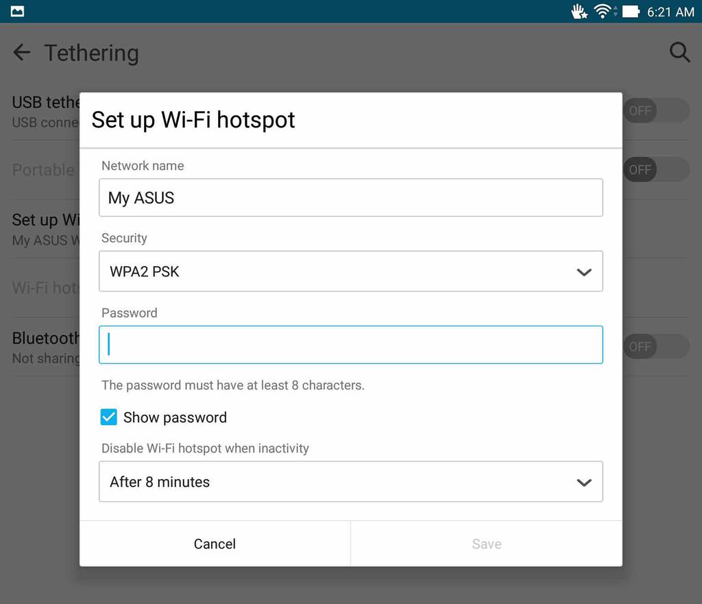 Dijeljenje internetske veze Ako Wi-Fi usluga nije dostupna, možete koristiti ASUS tablet kao modem ili ga pretvoriti u Wi-Fi aktivno mjesto za pristup internetu putem prijenosnog računala, tableta i