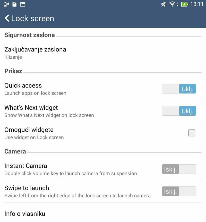 Konfiguriranje ostalih sigurnosnih funkciji zaslona Osim načina zaključavanja zaslona, u prozoru Screen security (Sigurnost zaslona) možete izvršiti i sljedeće: Quick Access (Brzi pristup): Povucite