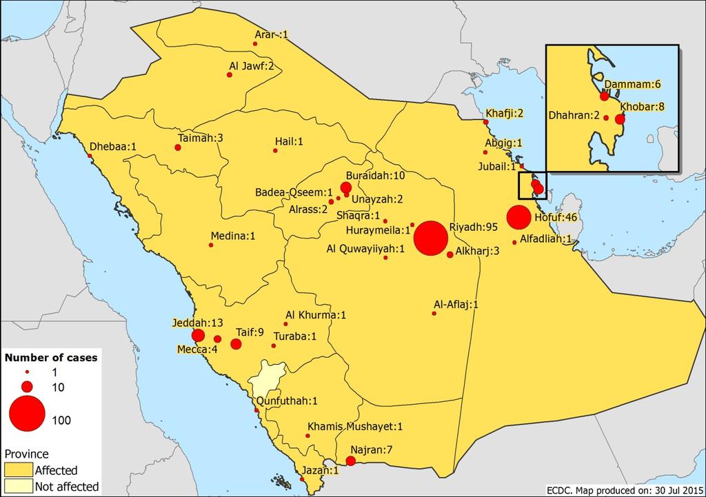 Слика 2. Дистрибуција случајева MERS-CoV Саудијској Арабији, 1. јануар 30. јул 2015.