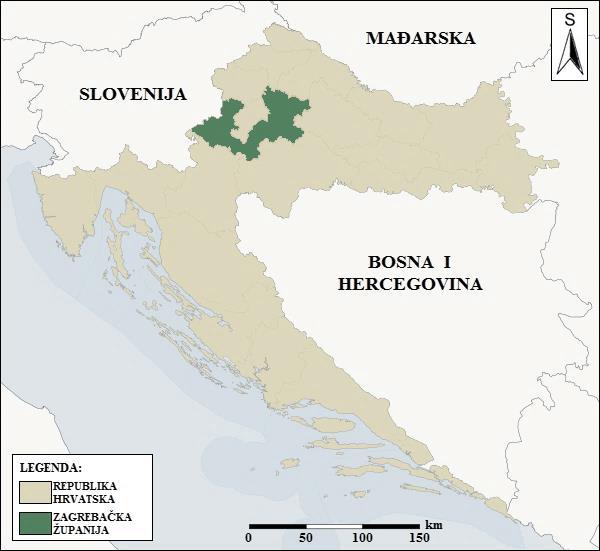 2. OSNOVNI PODACI O ZAGREBAČKOJ ŽUPANIJI Zagrebačka županija nalazi se u sjeverozapadnom dijelu Republike Hrvatske (slika 2.1.) i obuhvaća prostor površine 3.