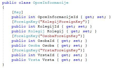varchar. Kako bi se anotacije mogle koristiti potrebno je uključiti novo polje imena kodom: using System.ComponentModel.DataAnnotations.Schema; 2.4 Model OpceInformacije Slika 7.