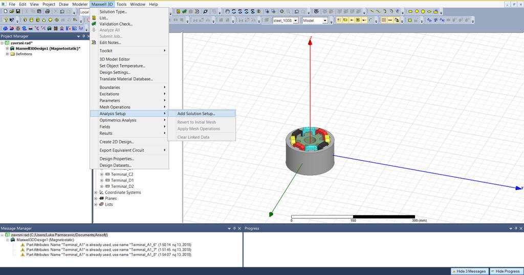 Potrebno je postaviti postavke simulacije, ostaviti sve na predefiniranim vrijednostima. Kliknemo Maxwell 3D nakon toga Analysis Setup te odaberemo Add Solution Setup. Postupak je prikazan na slici 3.