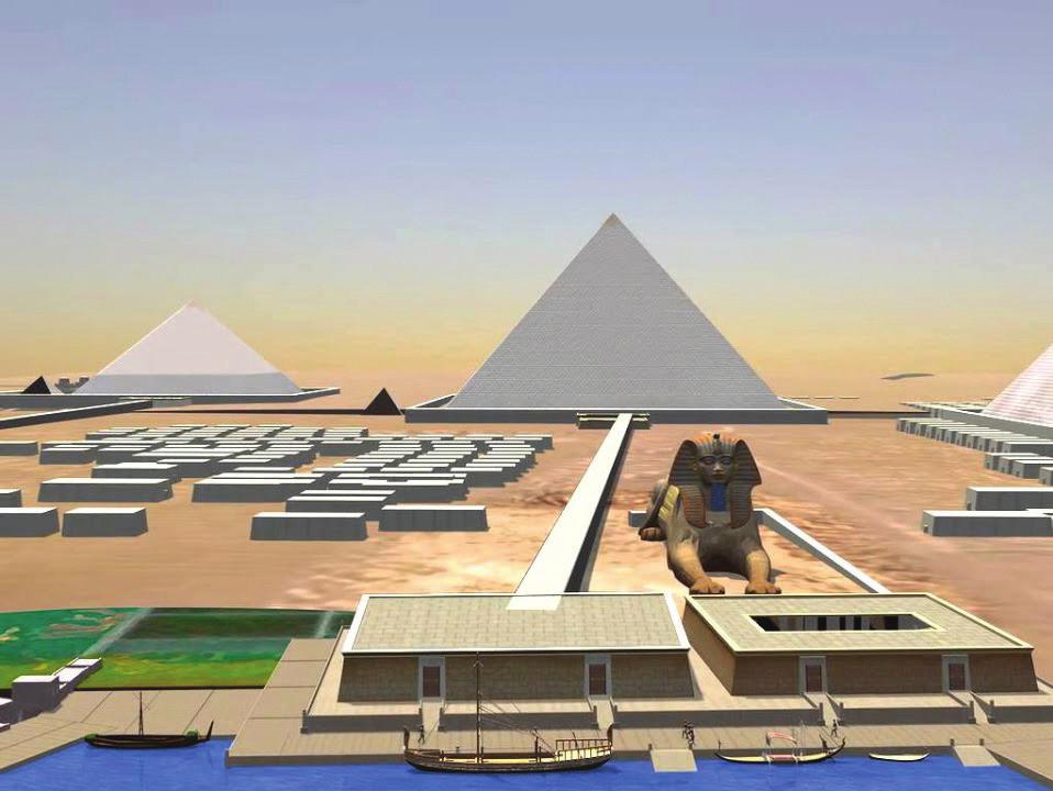 3D prikaz mogućeg izvornog izgleda platoa u Gizi, 2600. g. pr. Kr. Velika sfinga snimljena u travnju 2019.