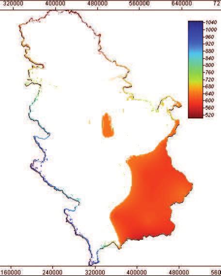 Карта 1. Површине погодне за пошумљавање црним јасеном у Србији према годишњим сумама падавина Map 1.