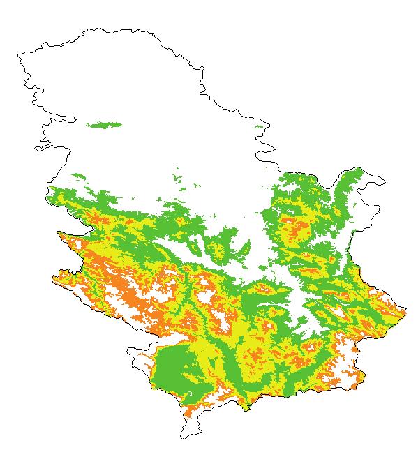Надморске висине у м: m 300-600 ; 600-900 ; 900-1300 Карта 2. Површине погодне за пошумљавање црним јасеном у Србији према надморским висинама Map 2.