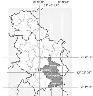 Карта 1. Карта округа јужне Србије и географски центар Извор: www.tt-group.net 1.1.2.