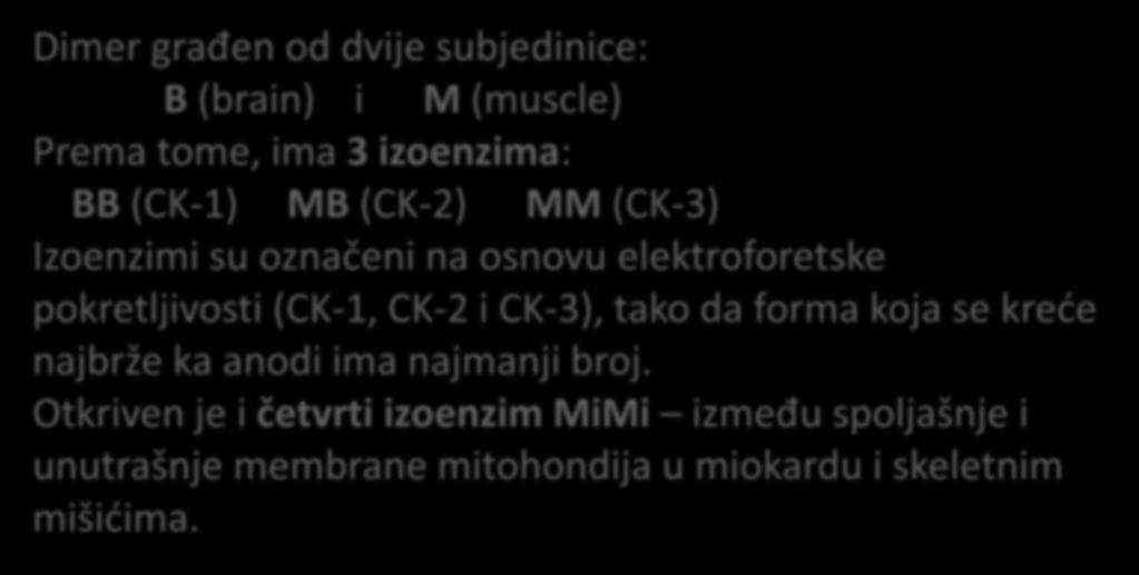 Kreatin kinaza (CK) Dimer građen od dvije subjedinice: B (brain) i M (muscle) Prema tome, ima 3 izoenzima: BB (CK-1) MB (CK-2) MM (CK-3) Izoenzimi su označeni na osnovu elektroforetske pokretljivosti