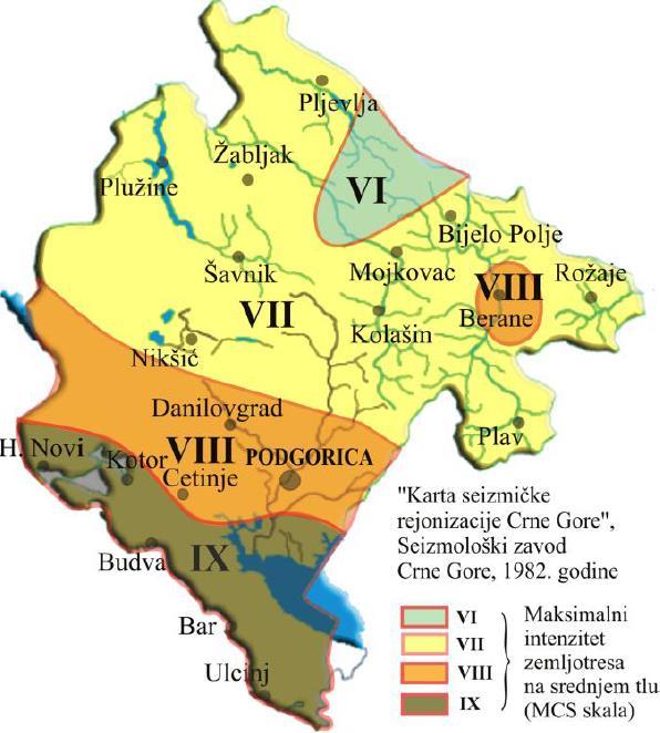 Slika 2.4. Karta seizmičke regionalizacije teritorije Crne Gore Karakteristični seizmički parametri za ovaj prostor su: - nosivost tla 120-200 (II kat.) i manje od 200 (I kat.