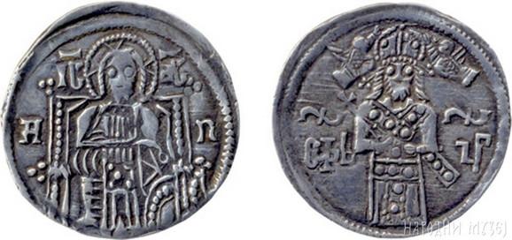 CAR DUŠAN (1331-1345) U INAT VIZANTIJI Dinar Stefana Dušana - Avers: Hrist sa nimbom sedi na prestolu, desnom rukom blagosilja, levom drži jevanđelje.