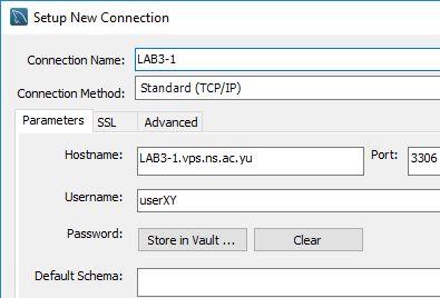 Povezivanje na MySQL Server 2. a) Povezivanje na server u LAB3 1. Pored labele MySQL Connections kliknuti na simbol + Hostname: LAB3-1.vps.ns.ac.