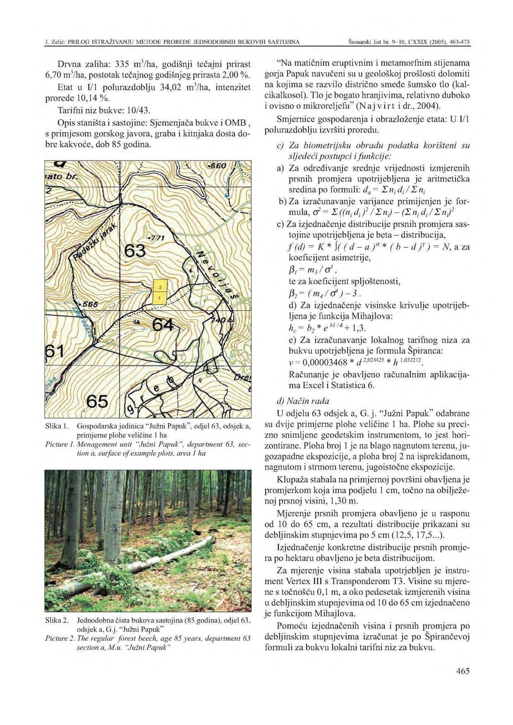 Drvna zaliha: 5 m/ha, goišnji tečajni prirast 6,70 m/ha, postotak tečajnog goišnjeg prirasta,00 %. tat u I/ polurazoblju,0 m/ha, intenzitet proree 0, %. Tarifni niz bukve: 0/.