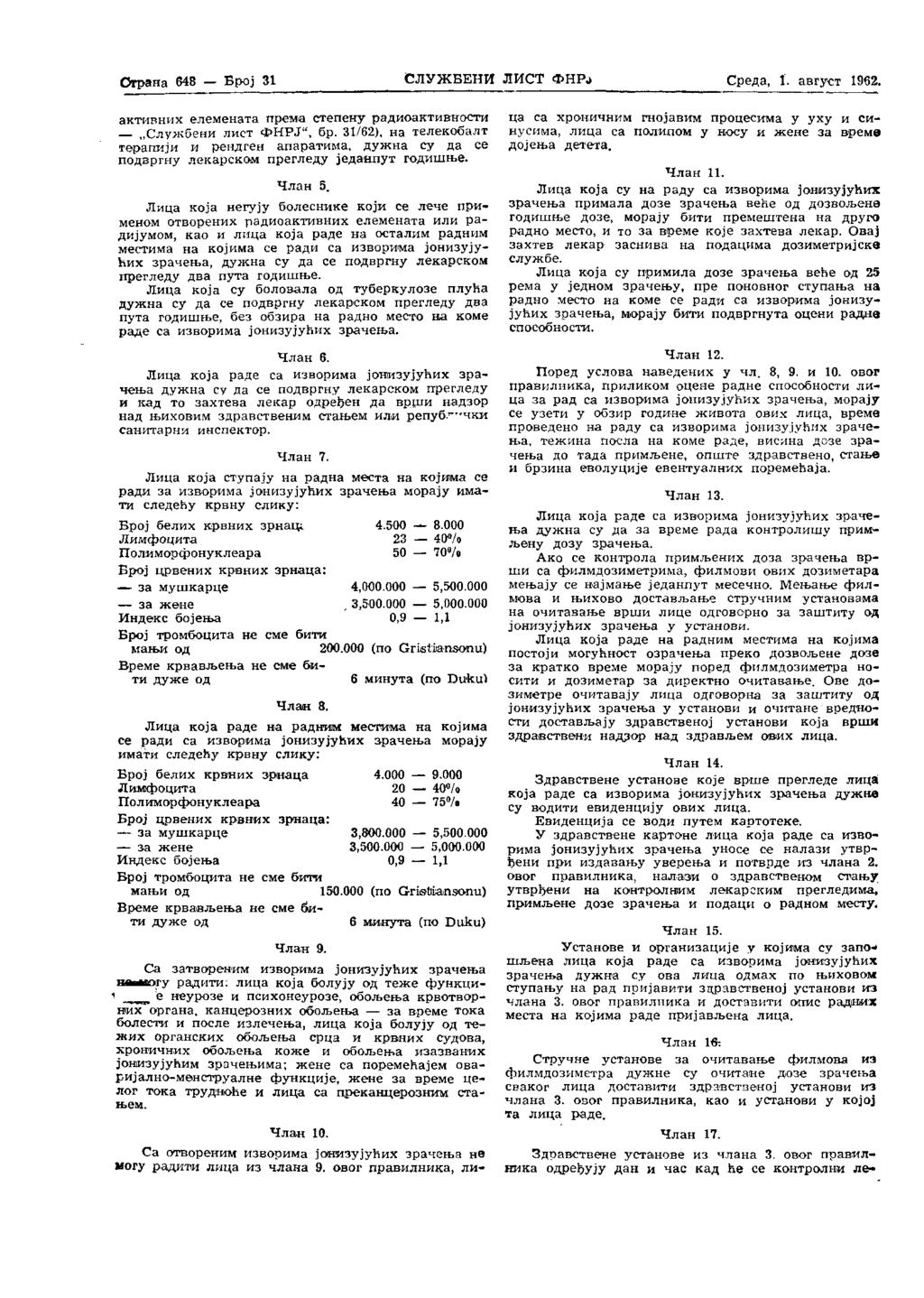 Страна 638 Број 31 СЛУЖБЕНИ ЛИСТ ФНРЈ Среда, 1. август 1962. активних елемената према степену радиоактивноста Службени лист ФНРЈ", бр.