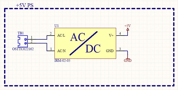 Slika 3 Shema napajanja +5 V Za dobivanje napajanja od 5 V koristi se Meanwellovo AC/DC prekidačko napajanje.
