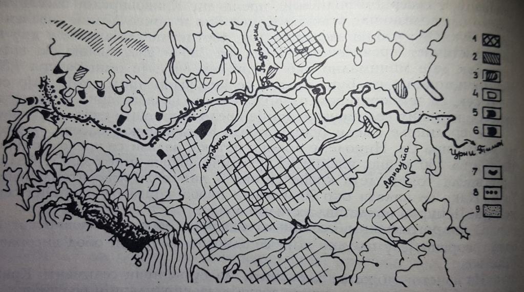 Сл. 7 - Морфолошка карта Јабланичке клисуре, 1.површ од 380-430 m 2. подцрногтимока од 420-450 m Терасе од : 3.115-120 m 4. 90 m 5. 60 m 6.40-45 m 7.25-30 m 8.15-20 m 9. 2-4 m рел.