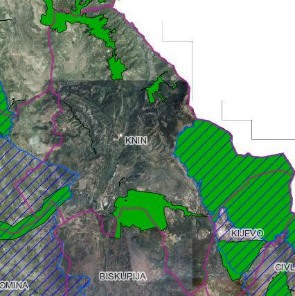 Slika 1-11 - Područja ekološke mreže Natura 2000 - područja očuvanja značajna za vrste i stanišne tipove (označeno zeleno) i područja očuvanja značajna za ptice (iscrtano plavo), [Izvor: [42]] 1.4.1.4 Općina Promina Cijela Općina Promina nalazi se područje ekološke mreže Natura 2000 (Slika 1-12) [42].