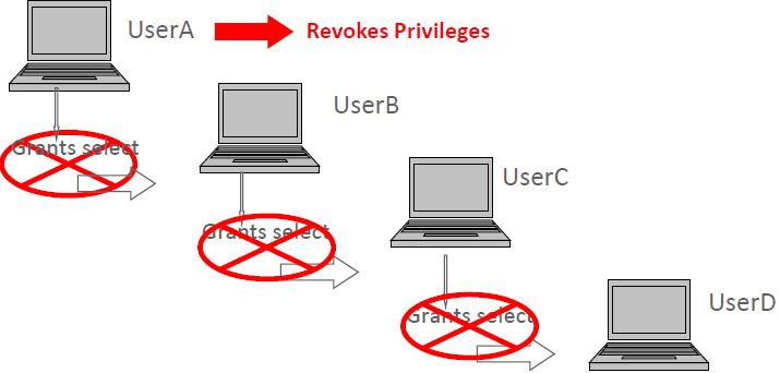 Sada, korisnik C može dozvoliti korisniku D SELECT privilegije Ipak, ako korisnik opoziva privilegije od korisnika B, onda te privilegije dozvoljene korisniku C i D su takođe opozvane Private and