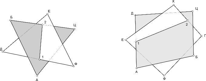 Задатак 8 (4 бода) Међусобни пресјек два картонска троугла и два четвороугла је дуж. У оба случаја ивица АБ је најближа оку посматрача. Одредити видљивост линија (задебљати видљиве линије).