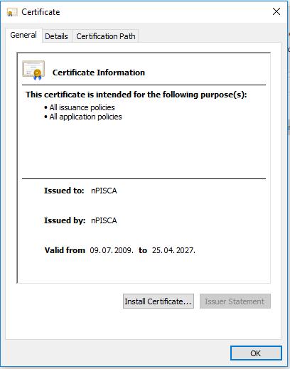 a) Zbog sigurnosnih razloga root certifikat (npisca) je potrebno ručno instalirati.