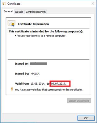 U Personal folderu označite certifikat sa imenom osobe ovlaštene za korištenje Internet aplikacija PUFBiH, a čiji je izdavač npisca (Issued by) a zatim izaberite opciju View.