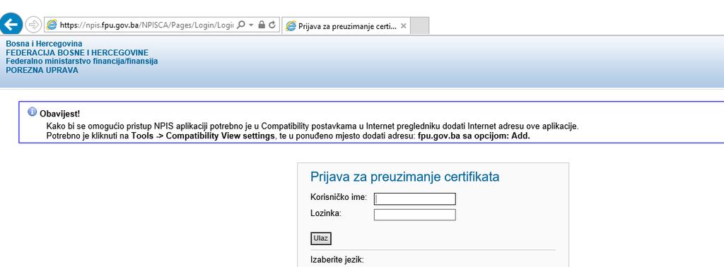 Nakon otvaranja ove Internet adrese otvara se sljedeći prozor sa formom unosa podataka za pristup stranici za preuzimanje certifikata koje je korisnik prilikom registracije