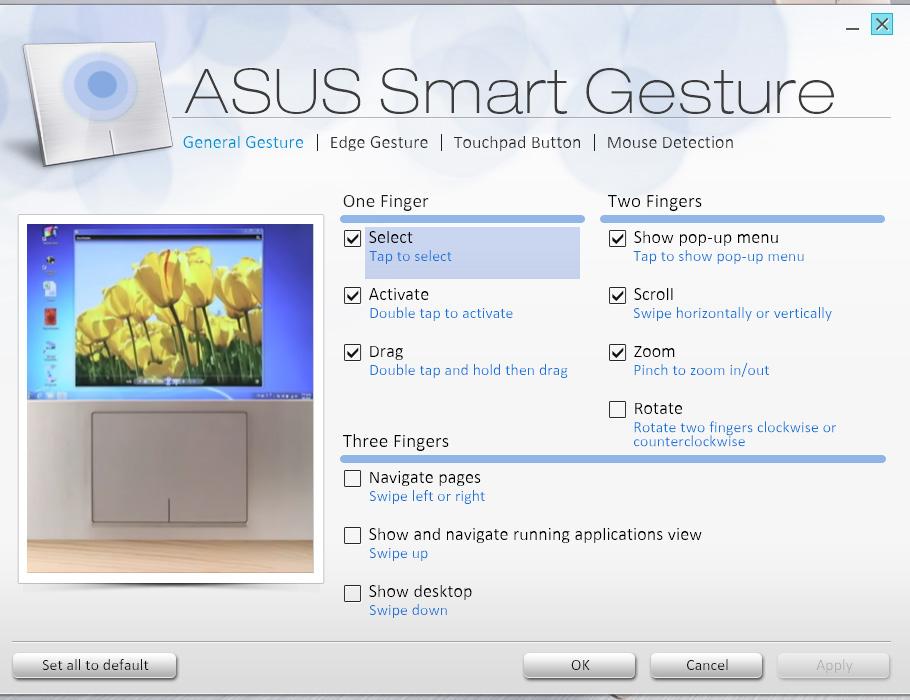 3. U prozoru ASUS Smart Gesture, potvrdite izbor pokreta koje želite da omogućite u okviru odeljka Tri prsta. 4.