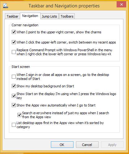 Prilagođavanje početnog ekrana Windows 8.1 vam takođe omogućava da prilagodite početni ekran, pristupite režimu radne površine odmah po podizanju sistema i prilagodite raspored aplikacija na ekranu.