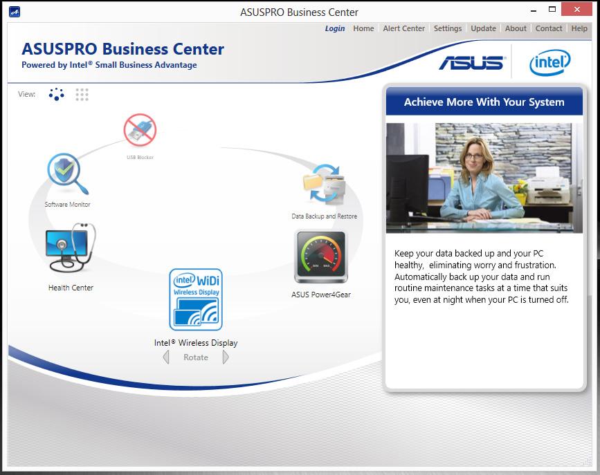Početni ekran ASUSPRO Business Centera meni sa opcijama Kliknite na neku od