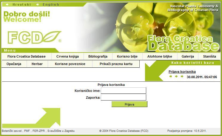 3.2.2.1 Unos herbarijskih primjeraka u bazu podataka Sam unos podataka u bazu podataka Flora Croatica Database (FCD) moţe se opisati u nekoliko jednostavnih koraka: Pristupom na web stranicu Flora