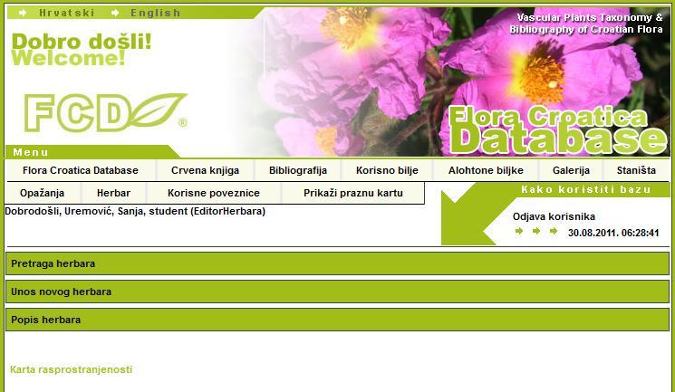 Odabirom opcije Herbar web suĉelje FCD baze usmjerava nas na nove tri mogućnosti (Slika 8): pretragu herbara,