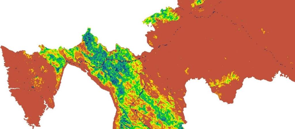 Slika 11. Spojeni rasteri u 1 zajednički klasificiran u 9 klasa (plavo pogodno stanište, smeđe nepogodno) Sljedeća slika (12.) također pokazuje područje Gorskog kotara, no s modeliranim koridorima.