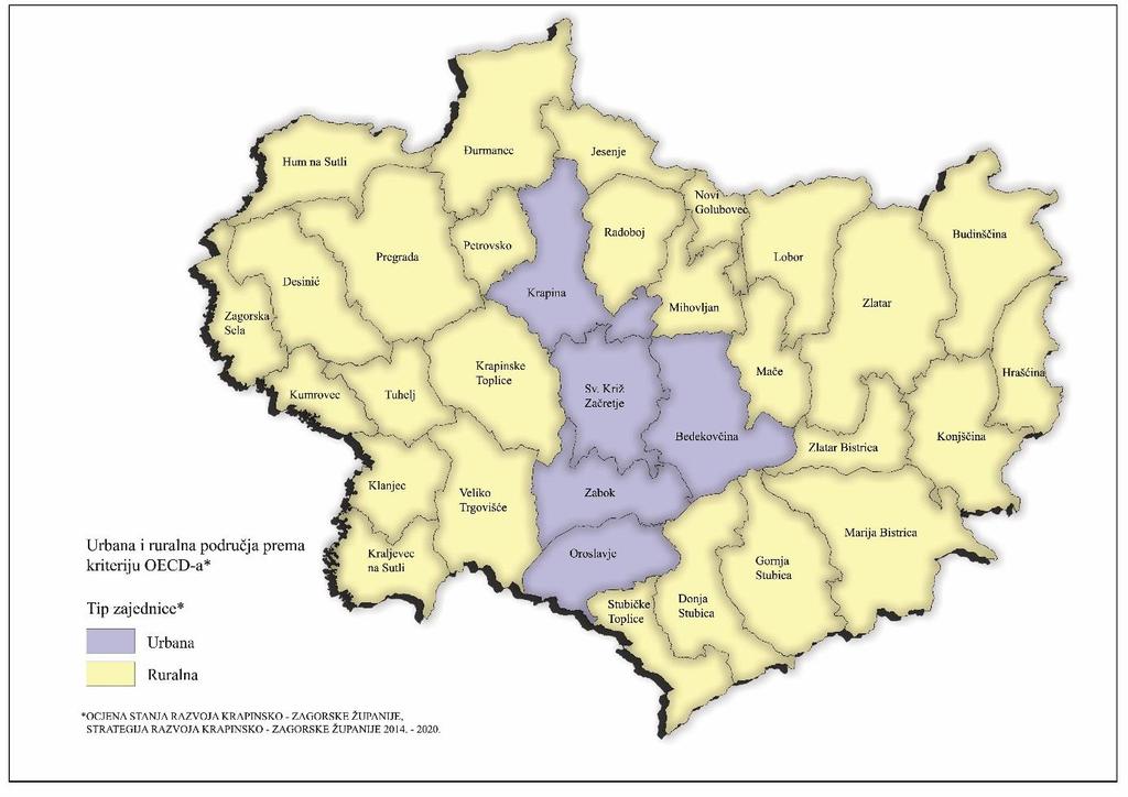 Slika 14. Prikaz urbanih i ruralnih područja prema kriteriju OECD-a Izvor: Strategija razvoja Krapinsko zagorske županije 2014. 2020.